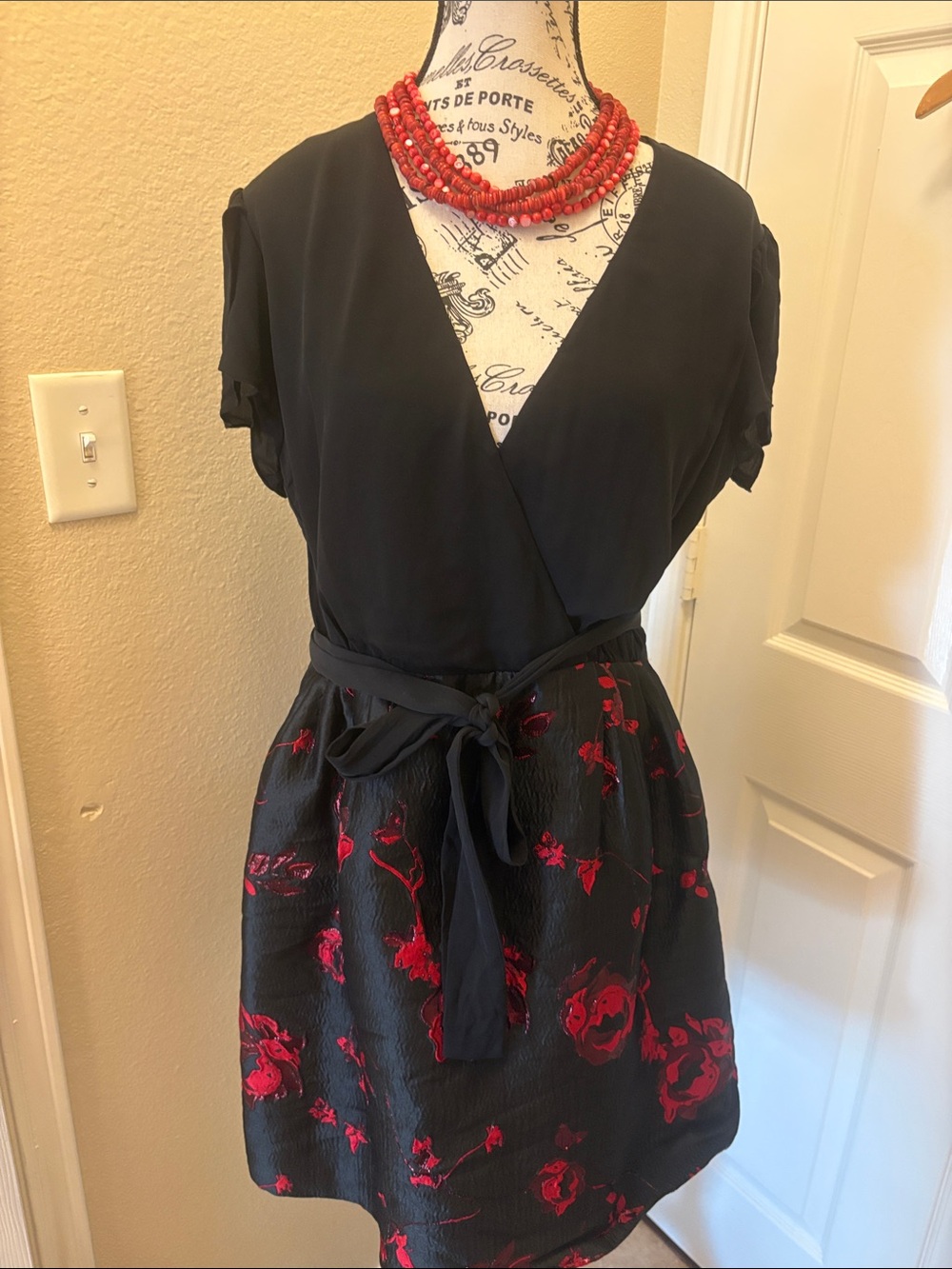 Diane Von Furstenberg Black Wrap Dress with Red Floral Skirt